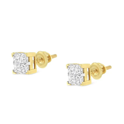 Exquisite 10k Yellow Gold Invisible Set Princess-cut Diamond Earrings - Yellow