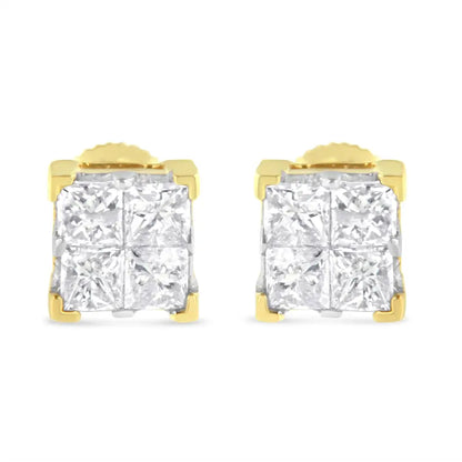 Exquisite 10k Yellow Gold Invisible Set Princess-cut Diamond Earrings - Yellow