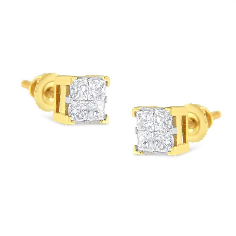 Exquisite 10k Yellow Gold Invisible Set Princess-cut Diamond Earrings - Yellow