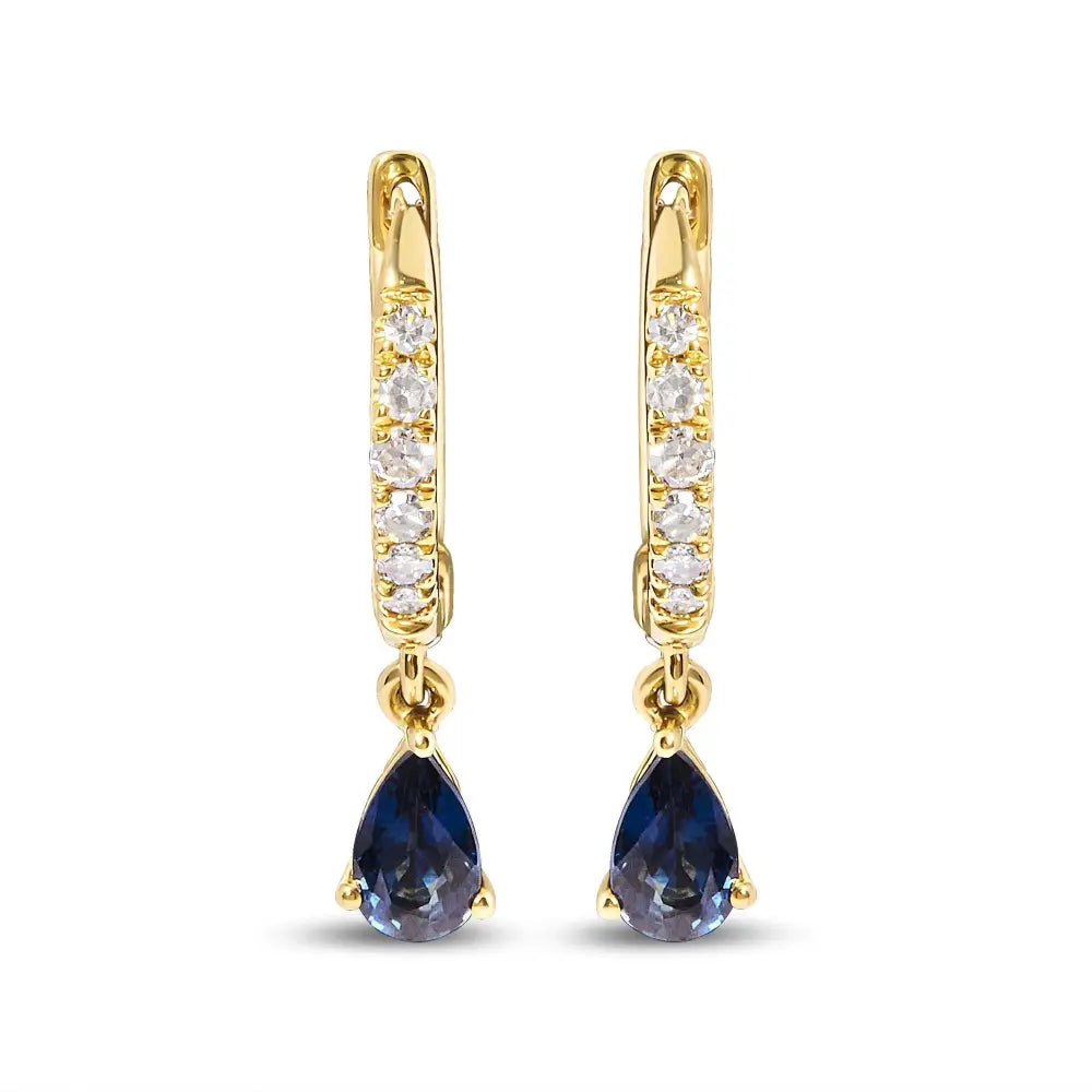 Exquisite 10k Yellow Gold Pear Blue Sapphire and Diamond Hoop Earrings