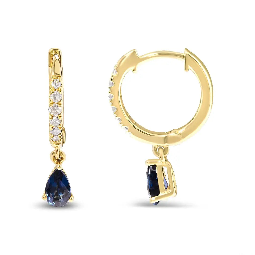 Exquisite 10k Yellow Gold Pear Blue Sapphire and Diamond Hoop Earrings