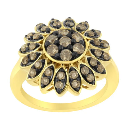 Exquisite 10k Yellow Gold Plated Floral Cocktail Ring with Diamond Accents