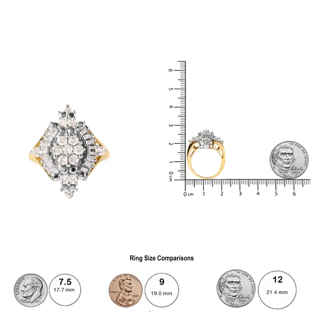 Exquisite 10k Yellow Gold Rhombus Halo Ring with Baguette Cut Diamonds