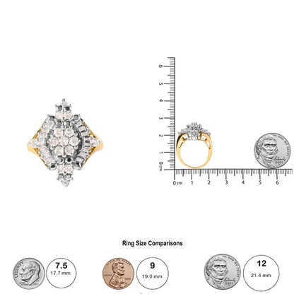 Exquisite 10k Yellow Gold Rhombus Halo Ring with Baguette Cut Diamonds