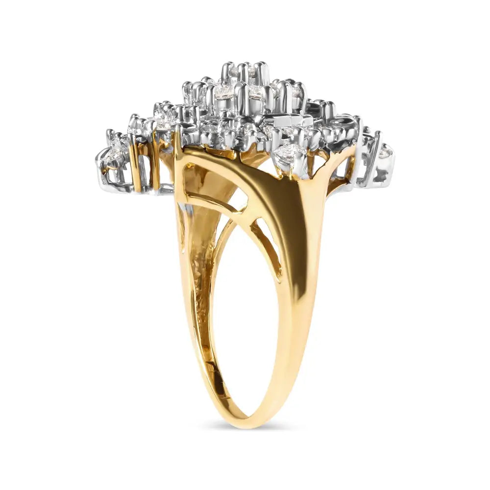 Exquisite 10k Yellow Gold Rhombus Halo Ring with Baguette Cut Diamonds