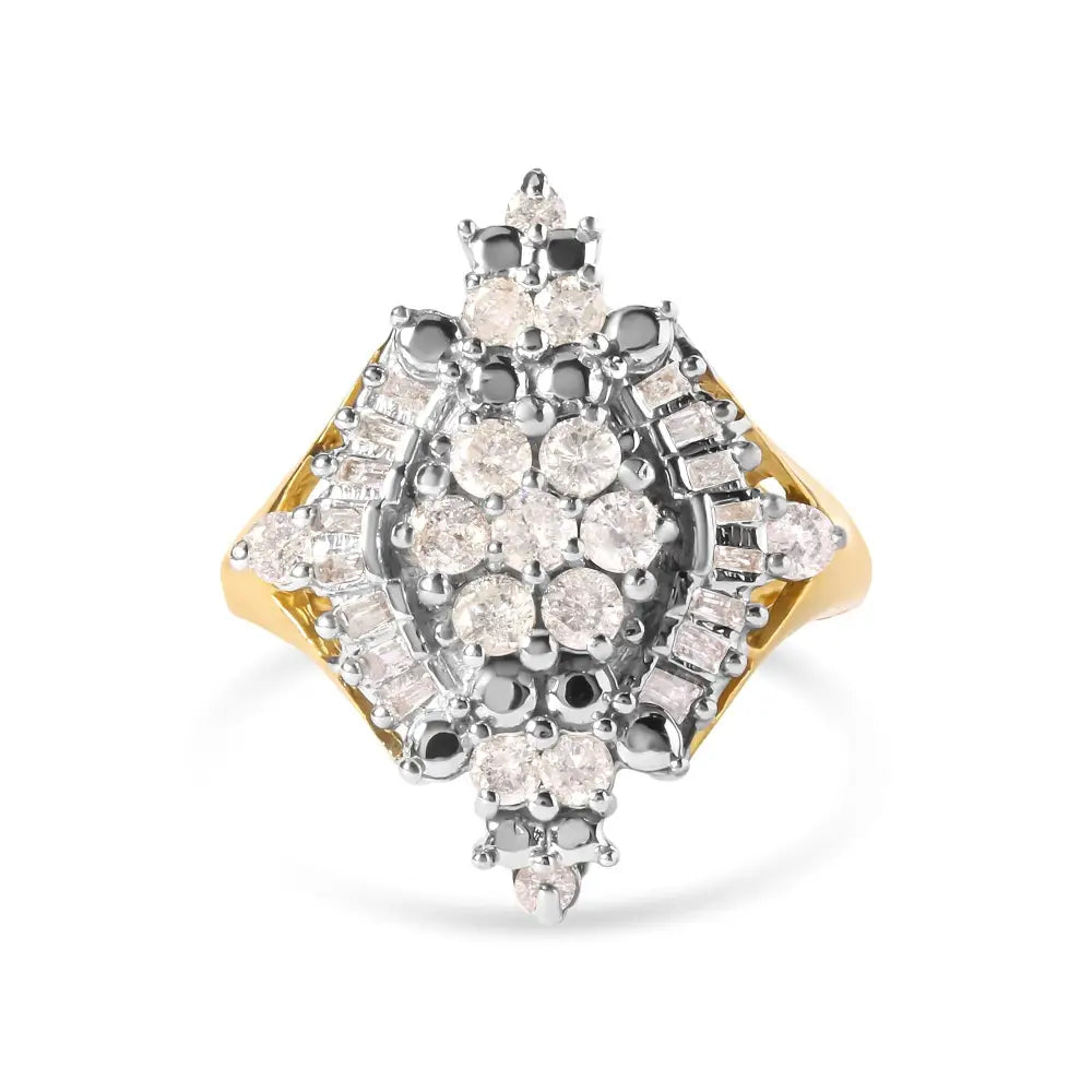 Exquisite 10k Yellow Gold Rhombus Halo Ring with Baguette Cut Diamonds