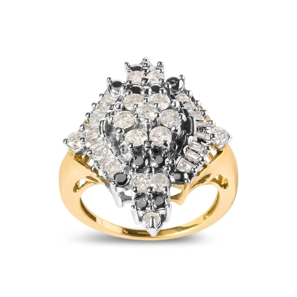 Exquisite 10k Yellow Gold Rhombus Halo Ring with Baguette Cut Diamonds