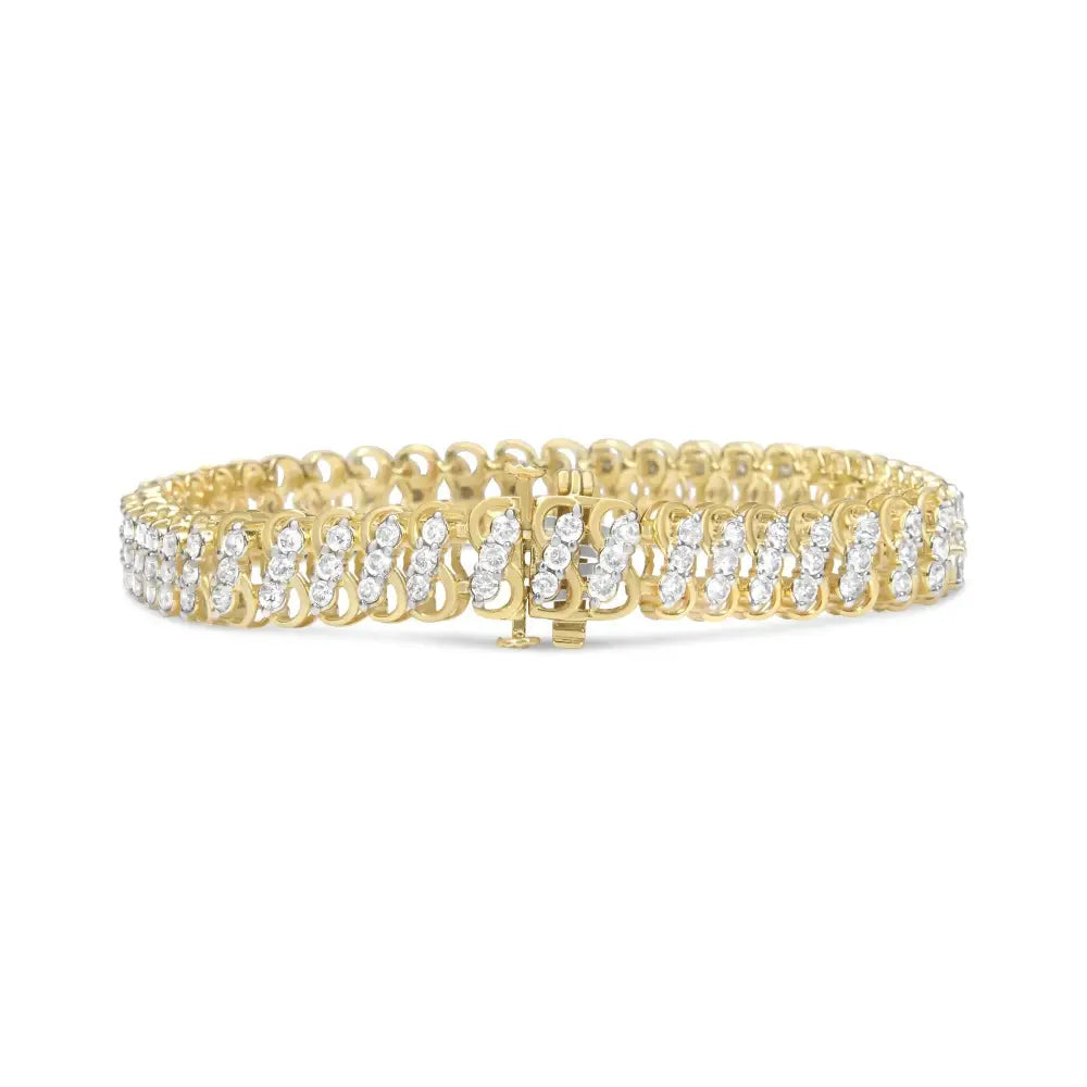 Exquisite 10k Yellow Gold Triple Row Infinity Bracelet with 4.0 Cttw Diamonds