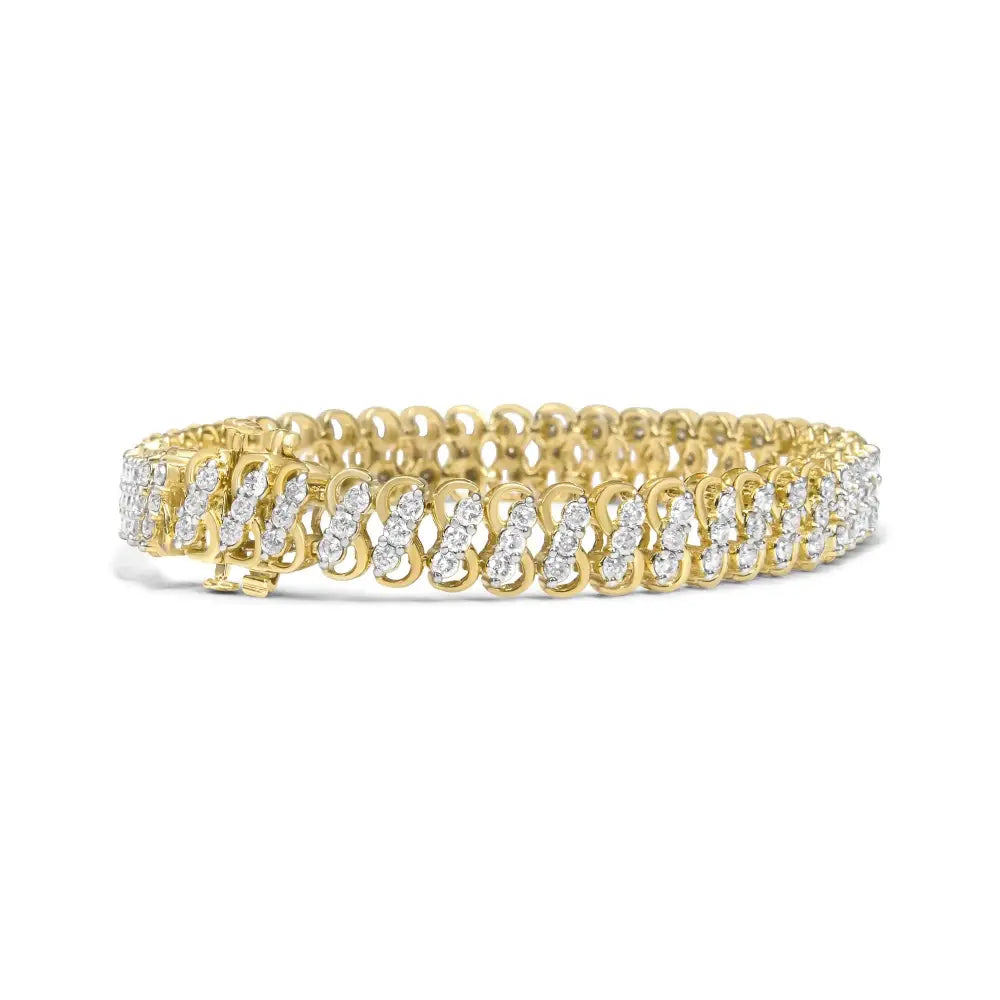 Exquisite 10k Yellow Gold Triple Row Infinity Bracelet with 4.0 Cttw Diamonds