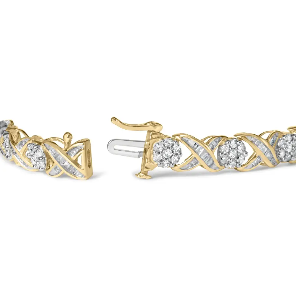 Exquisite 10k Yellow Gold Xoxo Floral Design Bracelet with Baguette-cut