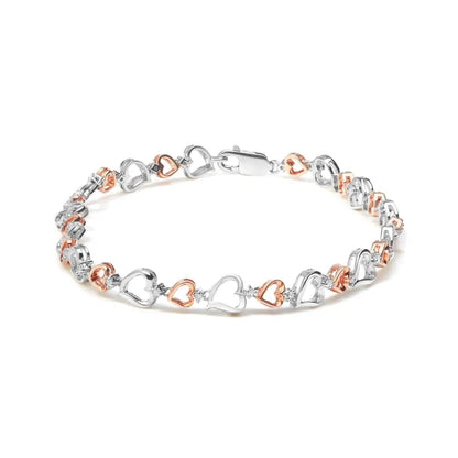 Exquisite 14k Rose Gold Diamond Heart Link Bracelet in Sterling Silver