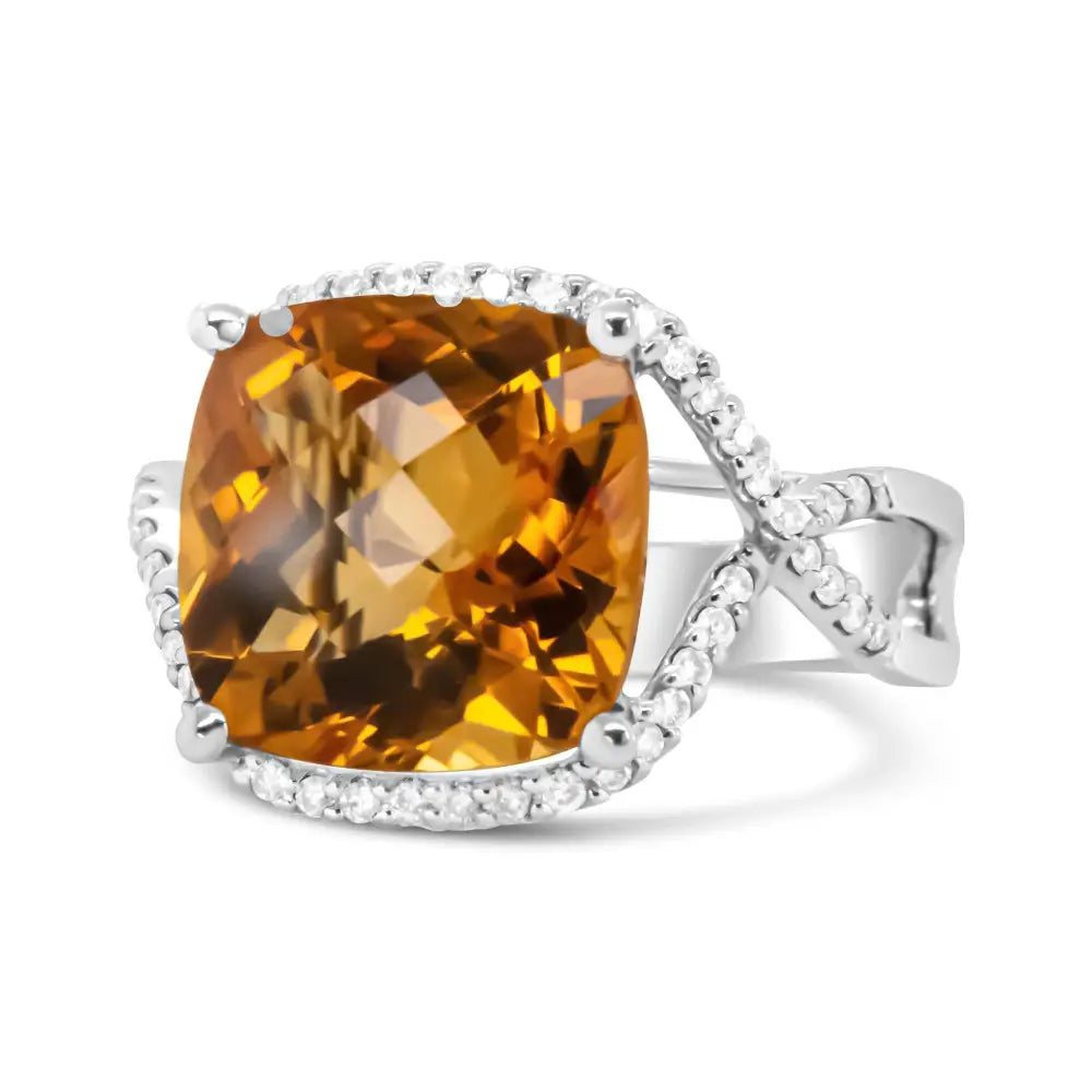 Exquisite 14k White Gold 12mm Cushion Cut Yellow Citrine Ring with Diamonds