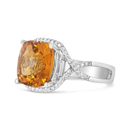 Exquisite 14k White Gold 12mm Cushion Cut Yellow Citrine Ring with Diamonds