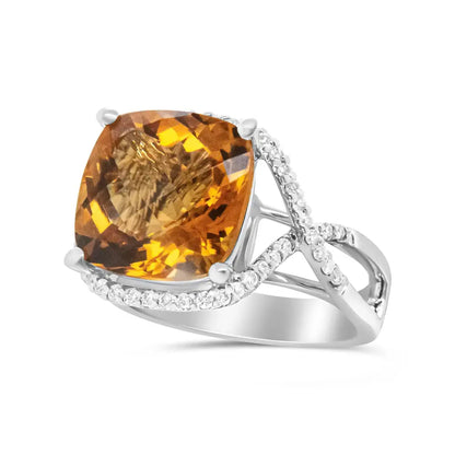 Exquisite 14k White Gold 12mm Cushion Cut Yellow Citrine Ring with Diamonds