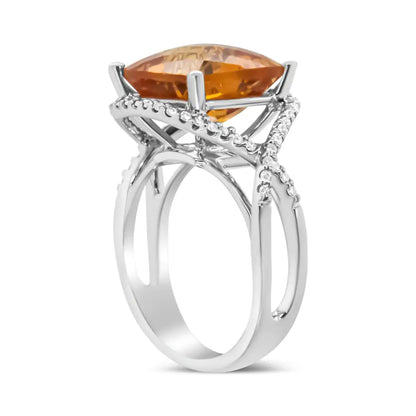 Exquisite 14k White Gold 12mm Cushion Cut Yellow Citrine Ring with Diamonds