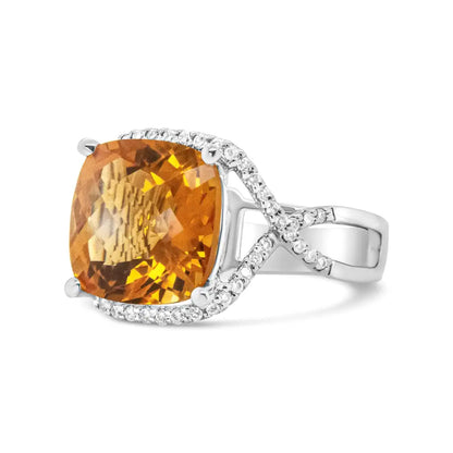 Exquisite 14k White Gold 12mm Cushion Cut Yellow Citrine Ring with Diamonds