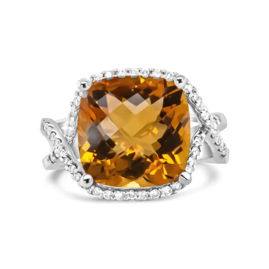 Exquisite 14k White Gold 12mm Cushion Cut Yellow Citrine Ring with Diamonds