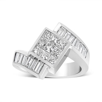 Exquisite 14k White Gold Baguette Diamond Bypass Ring with Invisible-set