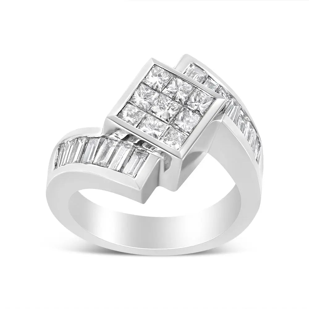 Exquisite 14k White Gold Baguette Diamond Bypass Ring with Invisible-set