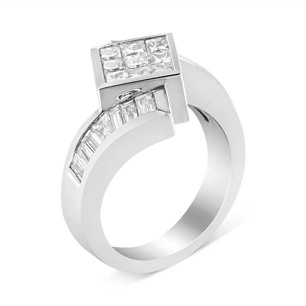 Exquisite 14k White Gold Baguette Diamond Bypass Ring with Invisible-set