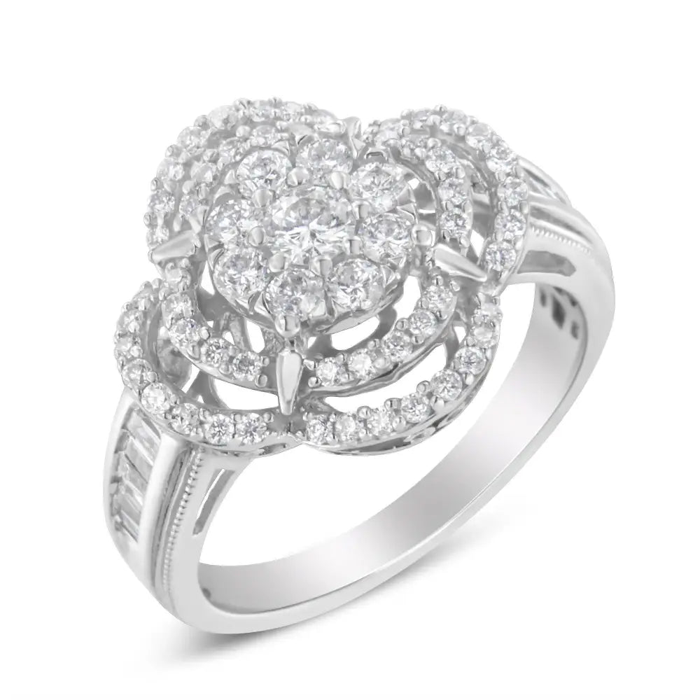 Exquisite 14k White Gold Diamond Floral Cluster Quatrefoil Cocktail Ring