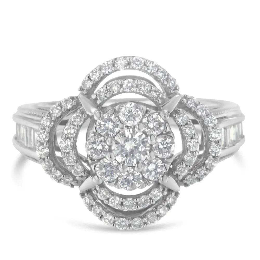 Exquisite 14k White Gold Diamond Floral Cluster Quatrefoil Cocktail Ring