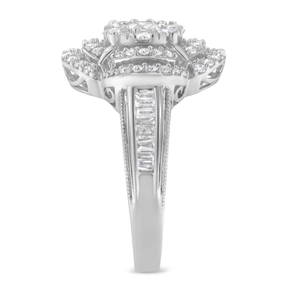 Exquisite 14k White Gold Diamond Floral Cluster Quatrefoil Cocktail Ring