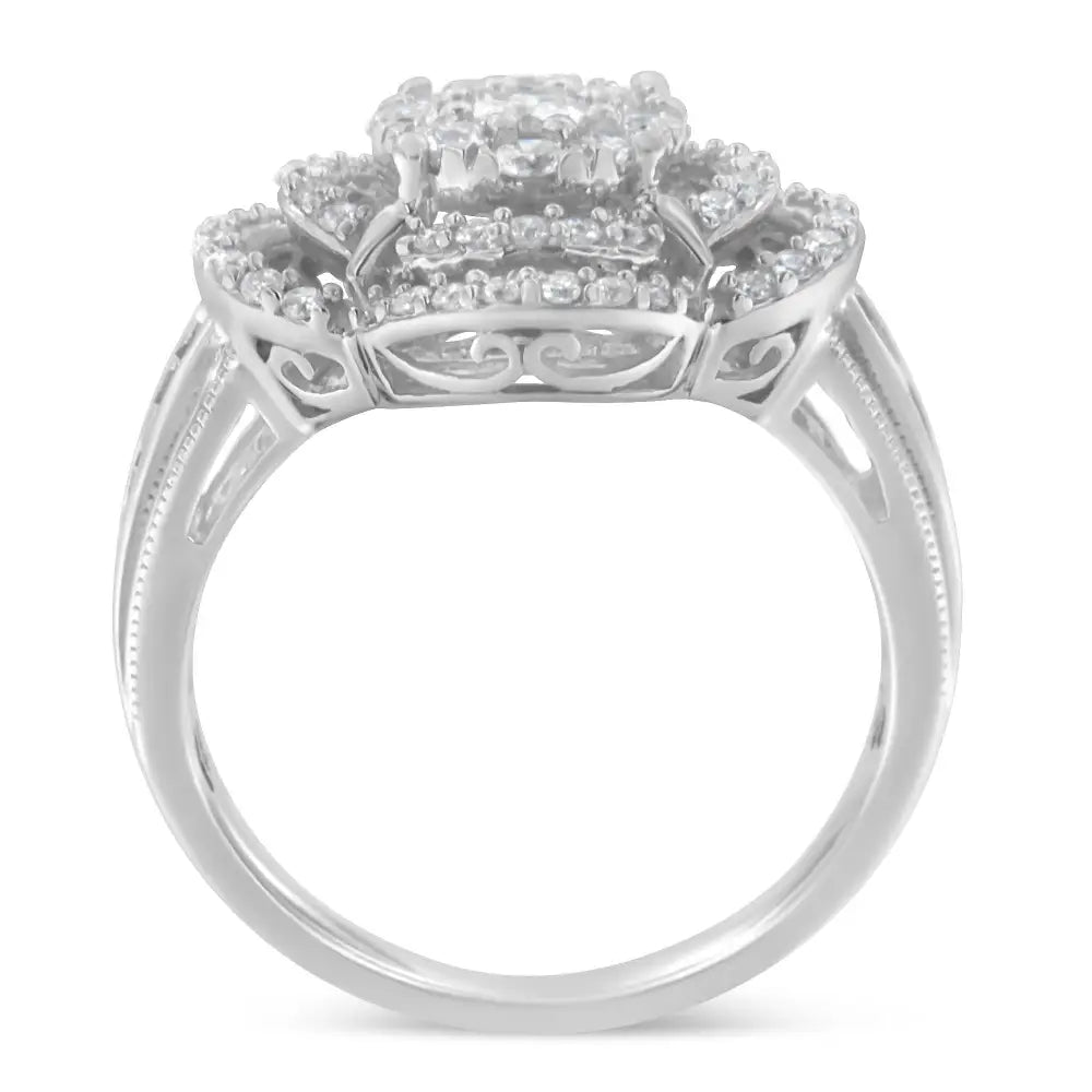 Exquisite 14k White Gold Diamond Floral Cluster Quatrefoil Cocktail Ring