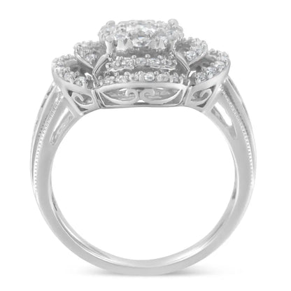 Exquisite 14k White Gold Diamond Floral Cluster Quatrefoil Cocktail Ring