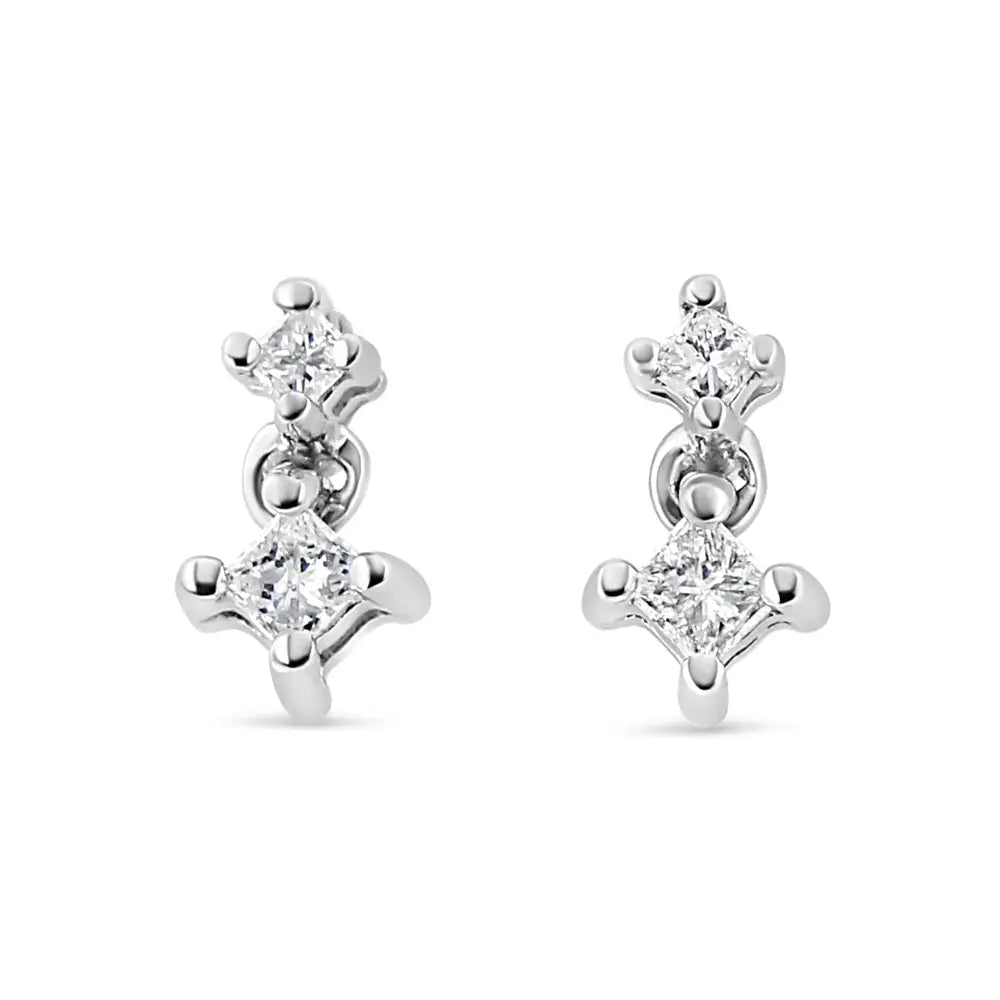 Exquisite 14k White Gold Double Diamond Drop Prong Set Princess-cut Earrings