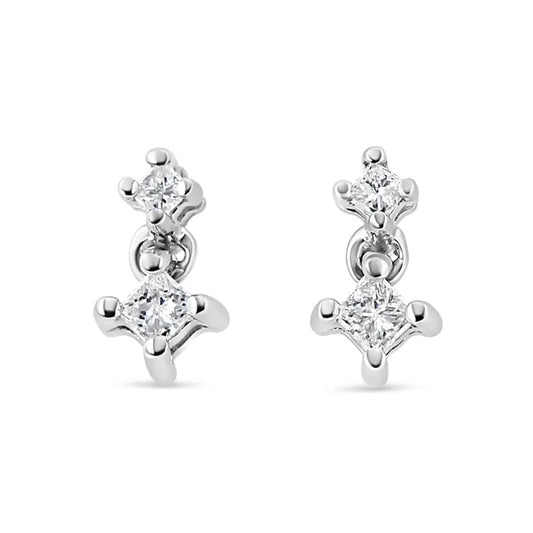 Exquisite 14k White Gold Double Diamond Drop Prong Set Princess-cut Earrings