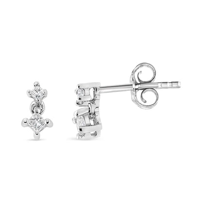 Exquisite 14k White Gold Double Diamond Drop Prong Set Princess-cut Earrings