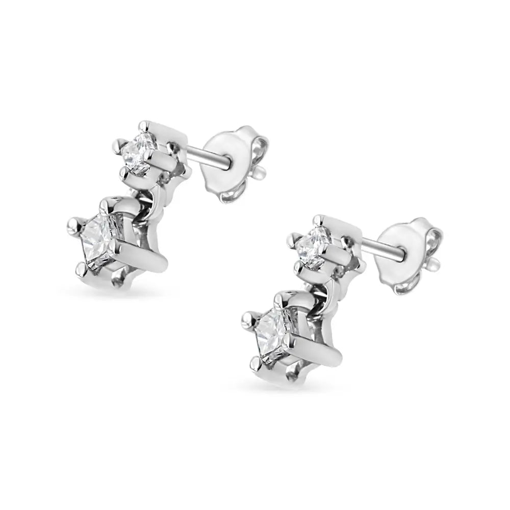 Exquisite 14k White Gold Double Diamond Drop Prong Set Princess-cut Earrings