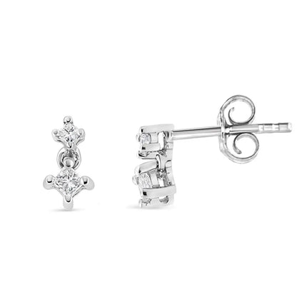 Exquisite 14k White Gold Double Diamond Drop Prong Set Princess-cut Earrings