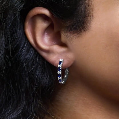 Exquisite 14k White Gold Hoop Earrings with Oval Blue Sapphire and Diamonds