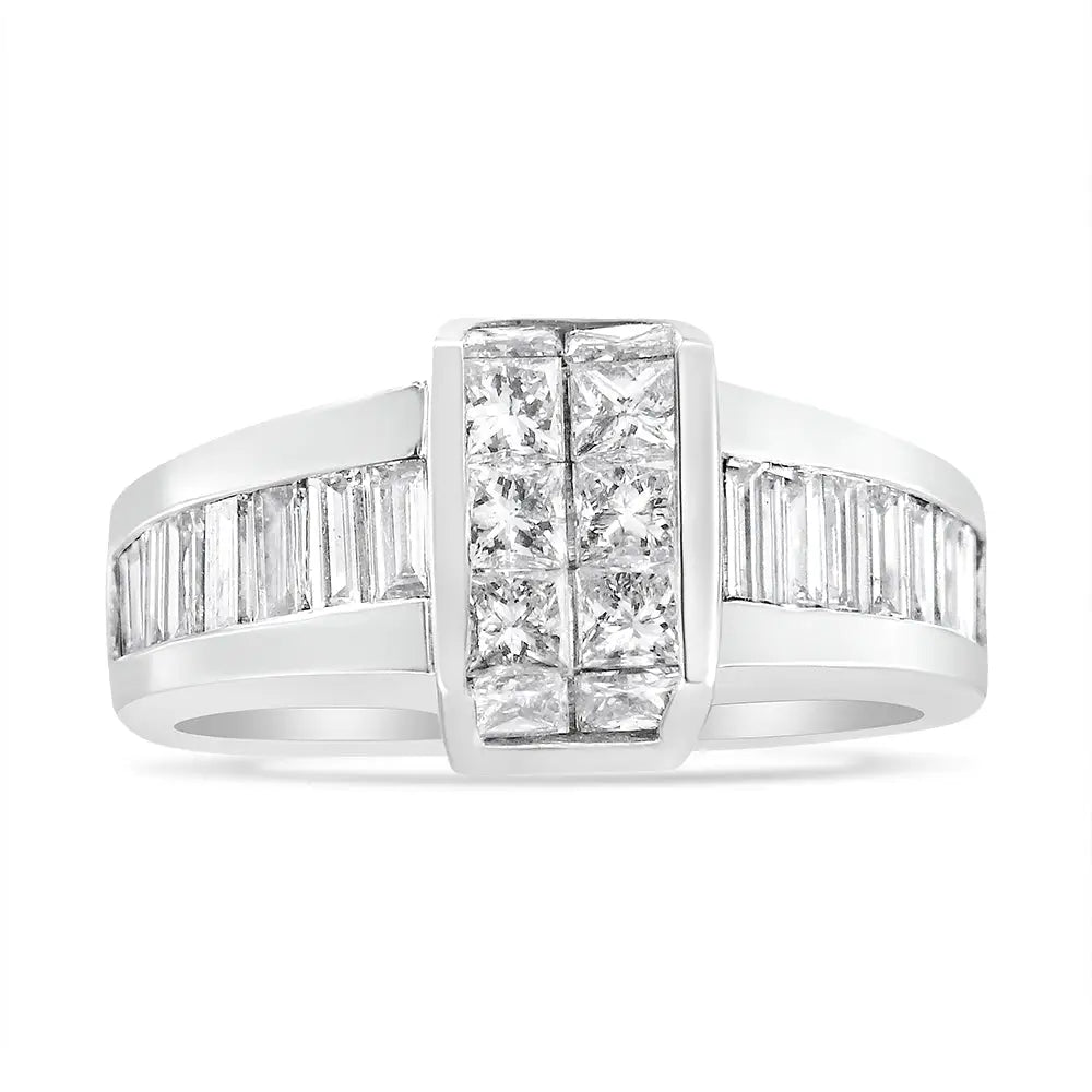 Exquisite 14k White Gold Invisible-set Princess Baguette Diamond Ring