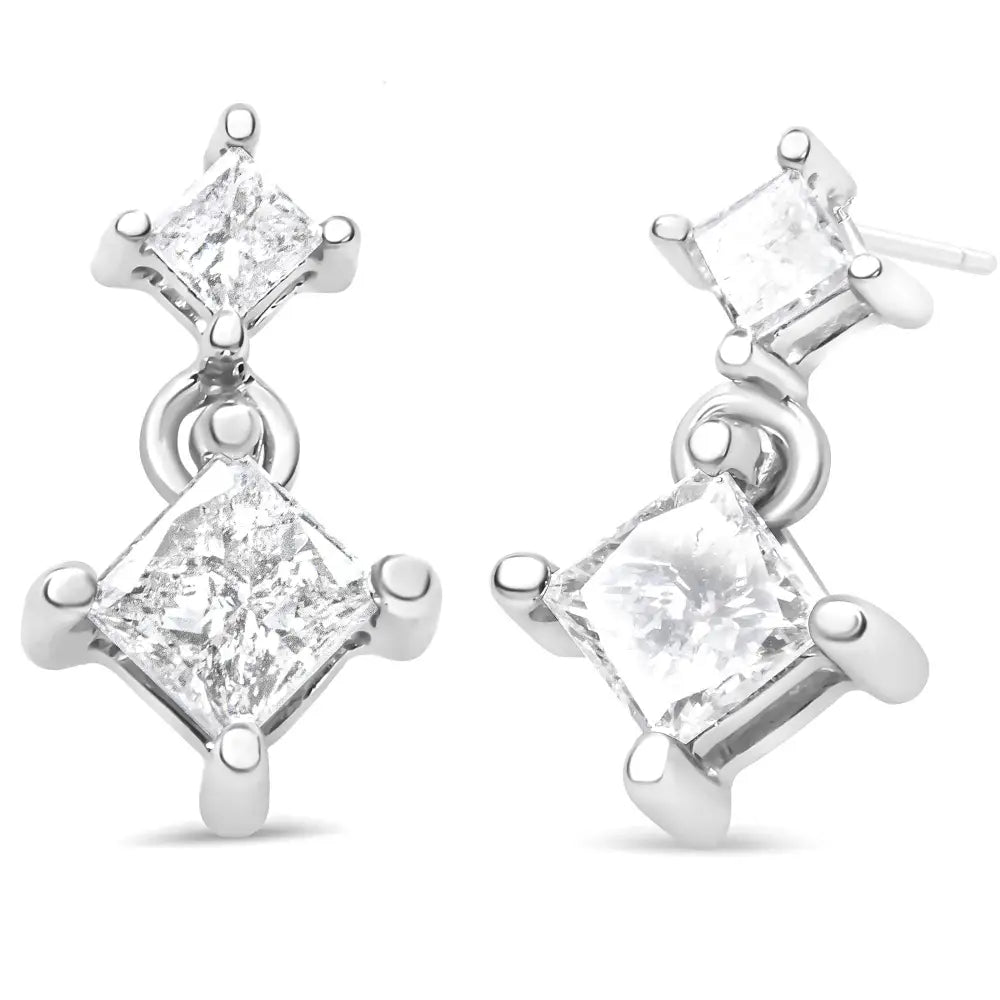 Exquisite 14k White Gold Princess-cut Diamond Double Dangle Earrings