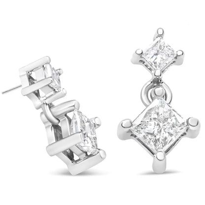 Exquisite 14k White Gold Princess-cut Diamond Double Dangle Earrings