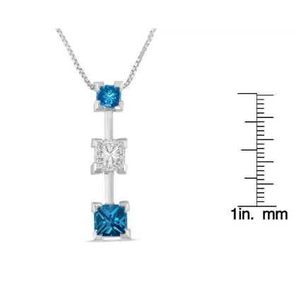 Exquisite 14k White Gold Princess Cut Diamond Necklace with Treated Blue Stones