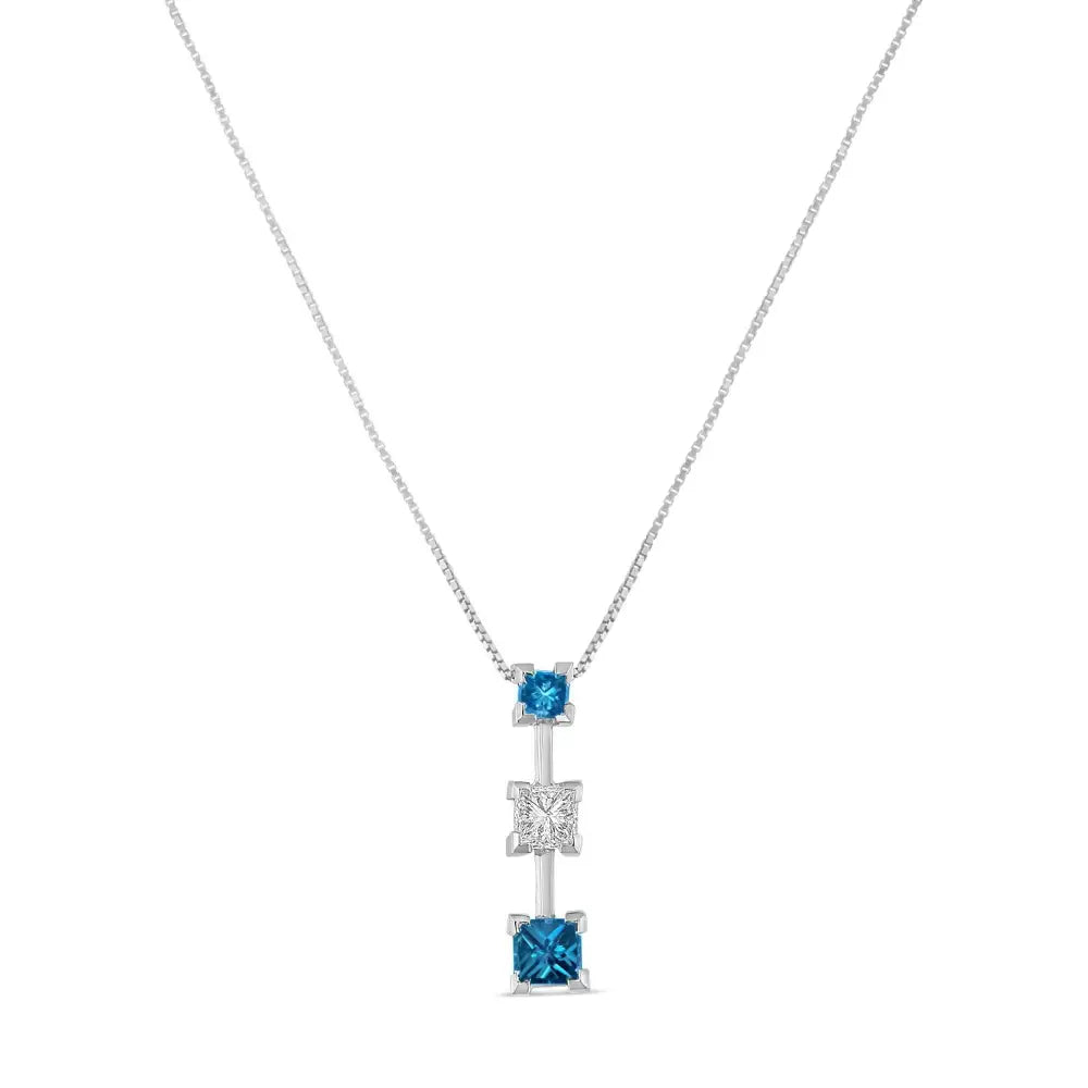 Exquisite 14k White Gold Princess Cut Diamond Necklace with Treated Blue Stones