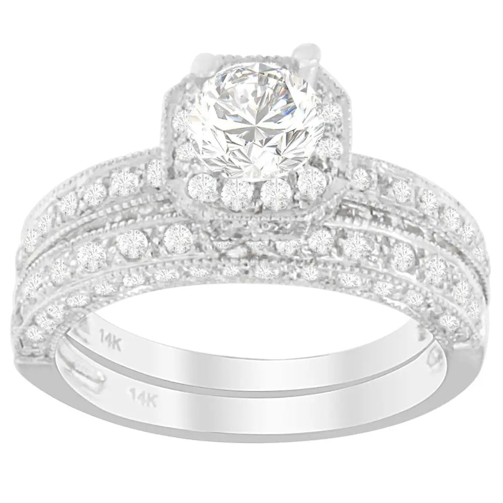 Exquisite 14k White Gold Round Cut Diamond Ring with 1 Ct Tdw