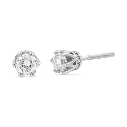 Exquisite 14k White Gold Round Diamond Prong Crown Stud Earrings - White