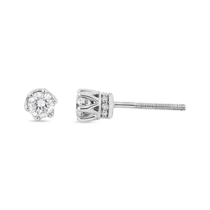 Exquisite 14k White Gold Round Diamond Prong Crown Stud Earrings - White