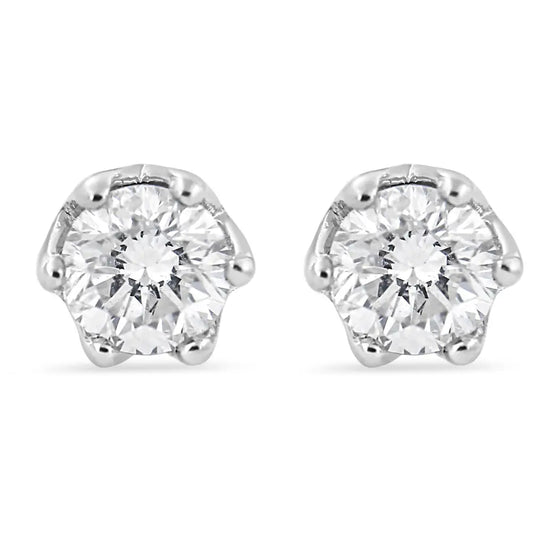 Exquisite 14k White Gold Round Diamond Prong Crown Stud Earrings - White