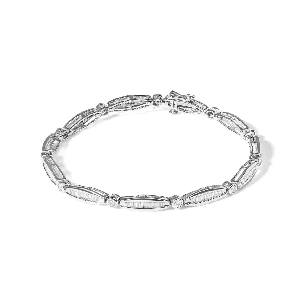 Exquisite 14k White Gold Tennis Bracelet with Baguette Cut Diamonds - White