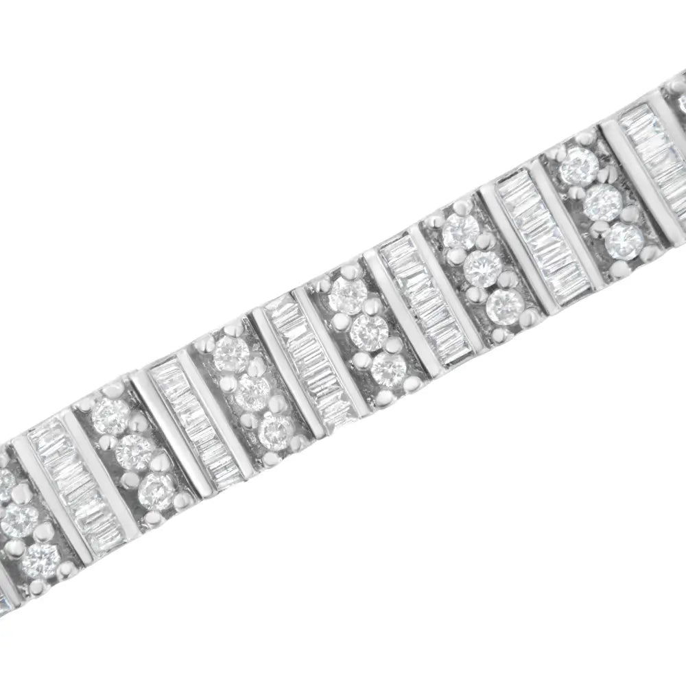 Exquisite 14k White Gold Tennis Bracelet with Baguette & Round Diamonds