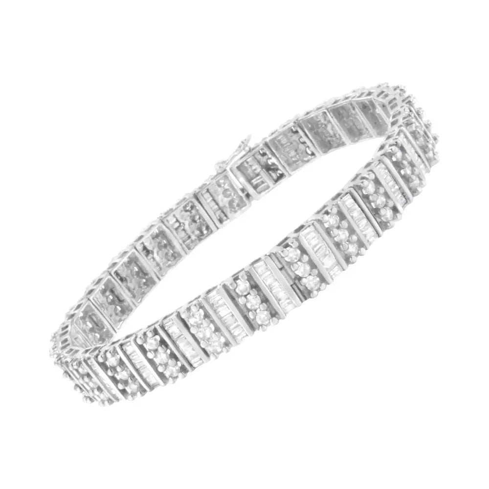 Exquisite 14k White Gold Tennis Bracelet with Baguette & Round Diamonds