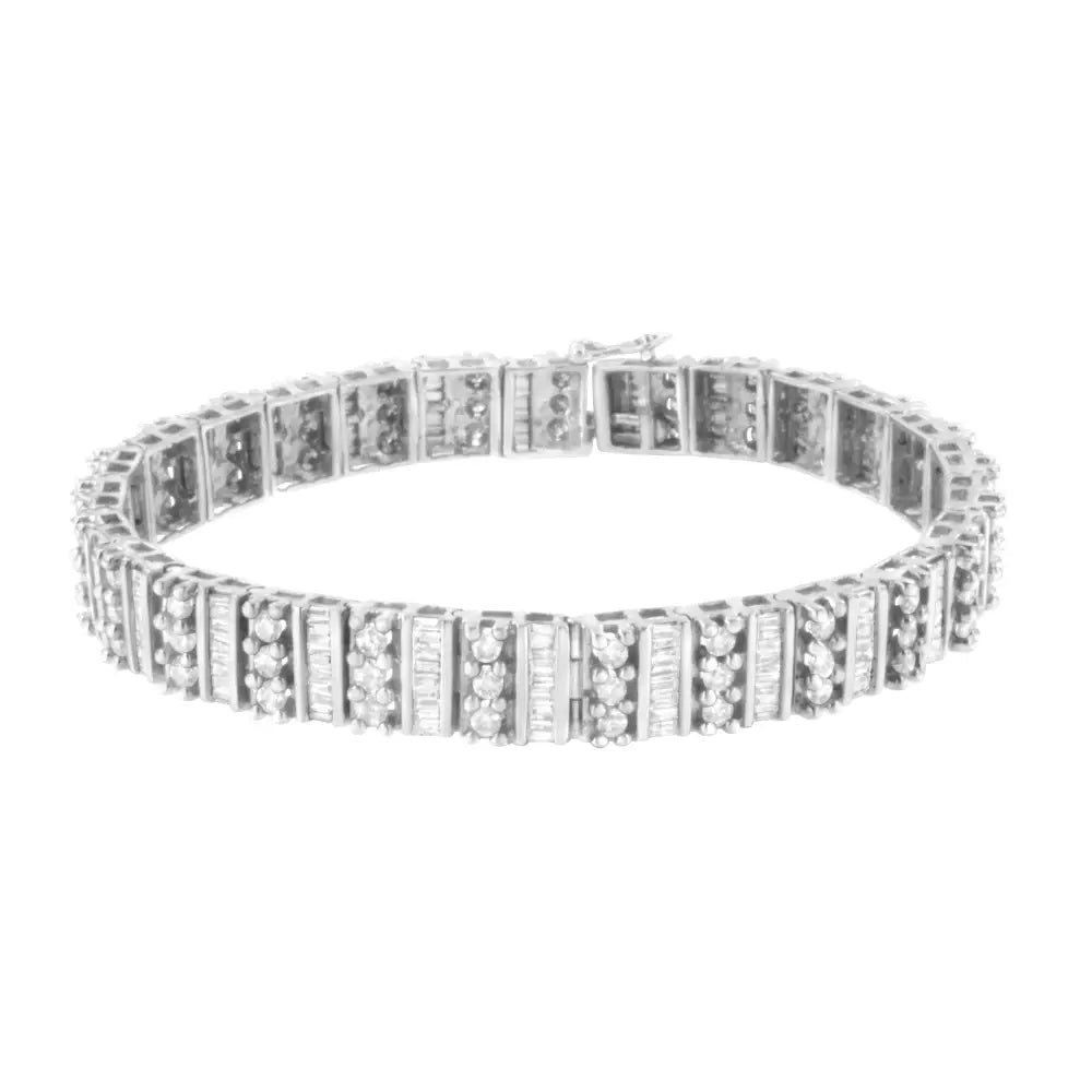 Exquisite 14k White Gold Tennis Bracelet with Baguette & Round Diamonds