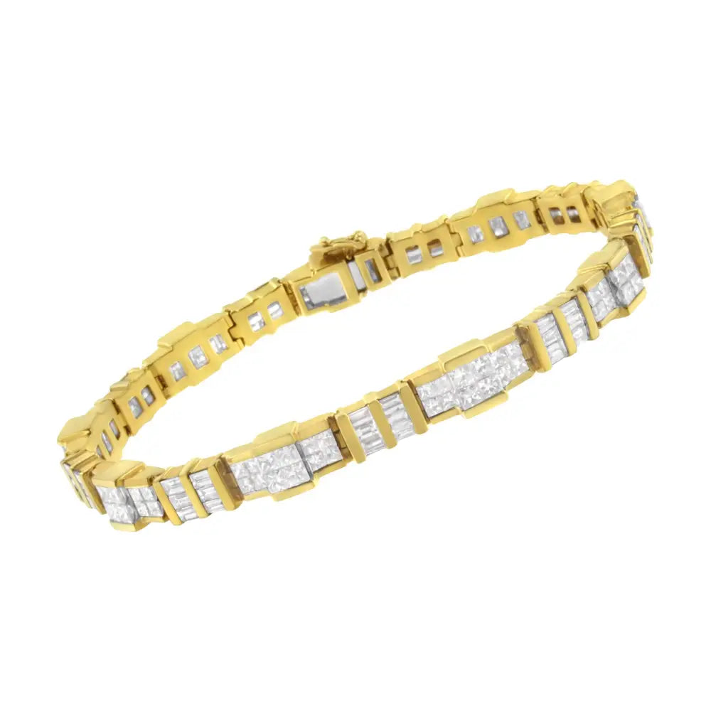 Exquisite 14k Yellow Gold Baguette and Princess-cut Diamond Bracelet