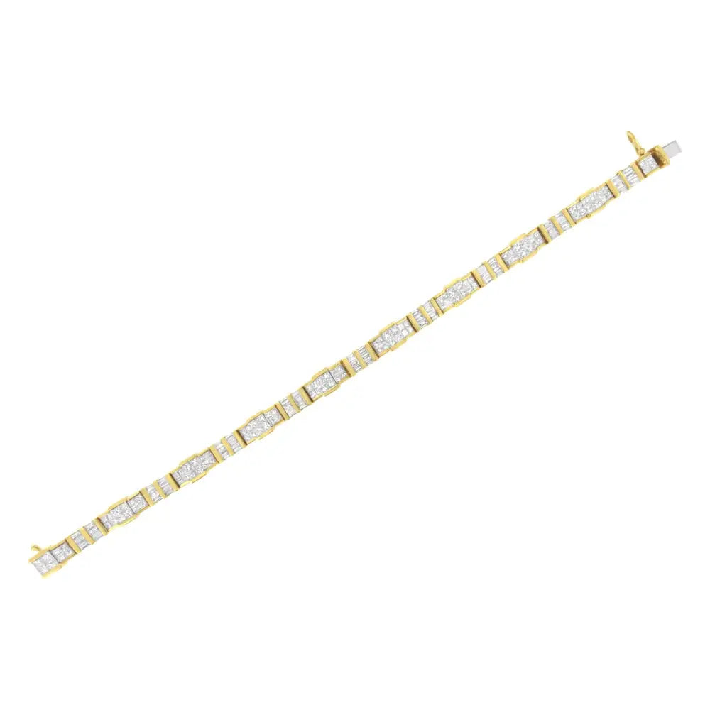 Exquisite 14k Yellow Gold Baguette and Princess-cut Diamond Bracelet